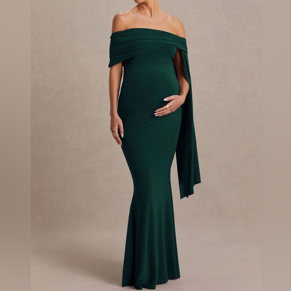 Club L London Aquila Bardot Drape Maternity Gown Bottle Green size US 8